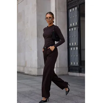 Dámské kalhoty Široké dámské kalhoty s kapsami FINE Barva: Čokoládová, Velikost: L