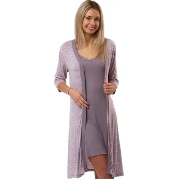 Dámská noční košile Košilka a župan v kompletu, fialová, šedá, s růžovými kytičkami 1D1742 fialová s