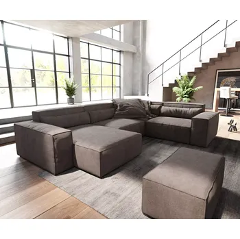 Ložnicová sestava DELIFE Pohovka ve tvaru "U" Sirpio 300x210 cm mikrovlákno khaki hnědá lenoška variabilní s taburetem