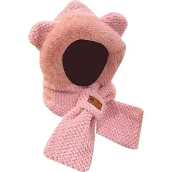 Čepice Pletená kapuce se šálou a oušky Růžová