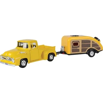 autíčko Ford F-100 Pick Up s přívěsem 1955 žlutá 1:24 - MOTORMAX Ford F100 - kovový model