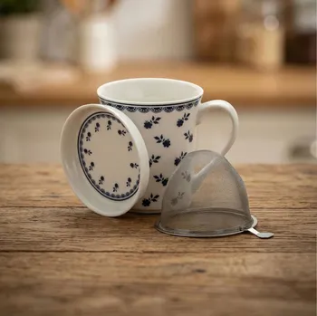 Hrnek s louhovačem a víčkem 300 ml bílý s modrými vzory