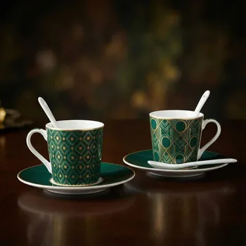 Sada šálků s podšálky a lžičkami EASY LIFE 100 ml tmavě zelená 2 ks