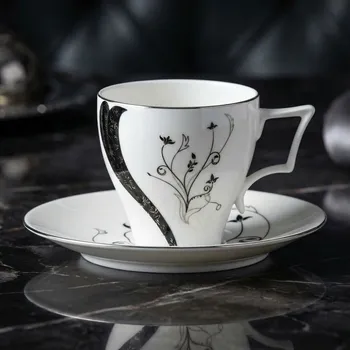 Šálky s podšálky bílé s černo-stříbrným vzorem 2 ks