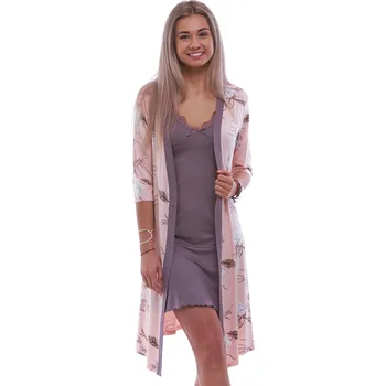 Dámská noční košile Luxusní komplet z jemného materiálu, košilka a župan, růžový i hnědý vzor květiny 1D1532 růžová s