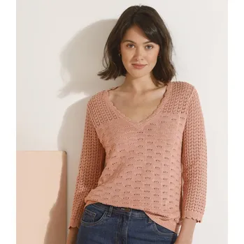 Dámský svetr Ažurový pulovr s výstřihem do V pudrově růžová 46/48
