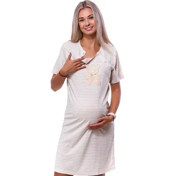 Dámské noční prádlo Béžové a hnědé pruhované kojící noční košilka dvojpropínací na knoflíky plyšový méďa 1C3671 béžová l