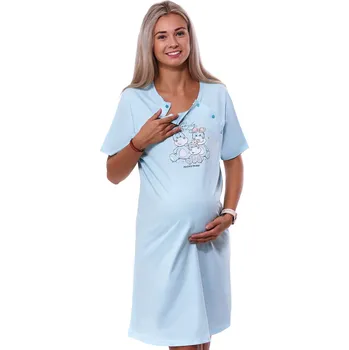 Dámská noční košile Nebesky modrá kojící noční košilka dvojpropínací na knoflíky s hroší rodinkou 1C3680 modrá xxxl