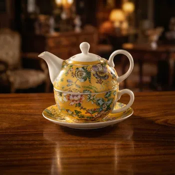 Konvice na čaj Džbánek s šálkem a podšálkem Tea for one 450/250 ml žlutý s květy