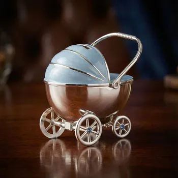 Pokladnička Pokladnička dětský kočárek s krystalky 11 × 11 × 11 cm stříbrno-modrá