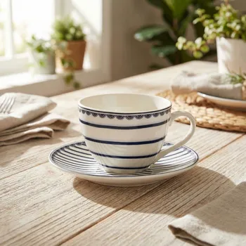 Šálky s podšálky v bílo-modrých pruzích 220 ml 2 ks