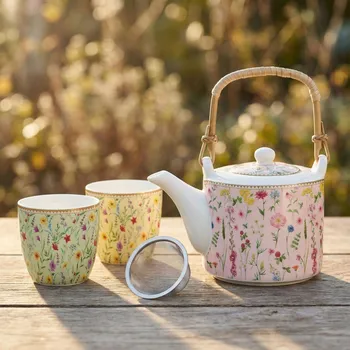 Konvice na čaj Čajník s filtrem a 2 šálky EASY LIFE 600 ml s květy