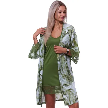 Dámská noční košile Zelená jemná luxusní košilka a župan s mramorovým šedým vzorem v kompletu 1D1341 zelená xxl