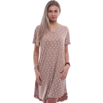 Dámská noční košile Hnědá luxusní hedvábně jemná noční košilka s krajkou a růžovým srdíčkovým vzorem 1D1538 hnědá 1xl
