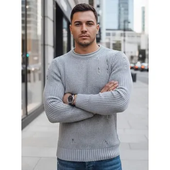 Pánský svetr Buďchlap Světle šedý pletený svetr s módními dírami