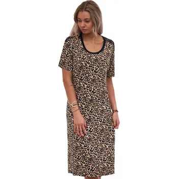 Dámská noční košile Luxusní hedvábně jemná noční košilka s krátkými rukávy pro plnoštíhlé ženy - zvířecí vzor jaguár 1D1611 hnědá 1xl