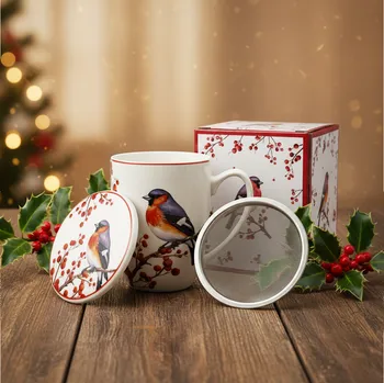 Stolování Porcelánový hrnek s čajovým sítkem DUO CHRISTMAS BIRDS 360 ml