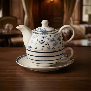 Konvice na čaj Džbánek s šálkem a podšálkem Tea for one 400+220 ml bílo-modrý