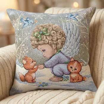 Povlak na polštářek Dekorační povlak na polštář s andílkem a koťaty 45 × 45 cm