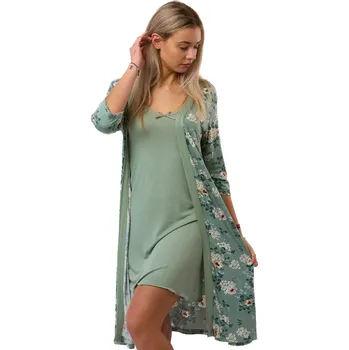 Dámská noční košile Zelený komplet - košilka a župan s tmavě zelenými listy a bílými květy - jemný a pružný 1D1746 zelená l