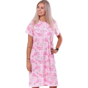Dámská noční košile Růžová dlouhá noční košilka pro ženy či dívky na knoflíky u krku nádherné květy 1C3645 růžová xxxl