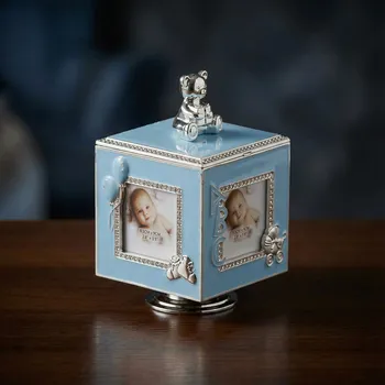 Šperkovnice Krabička s hracím strojkem na fotografie s medvídkem 10 × 10 × 15,5 cm modro-stříbrná