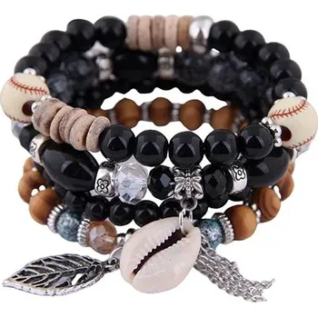 Náramek Wrap Q1 Dámský korálkový wrapový náramek 4 ks černý