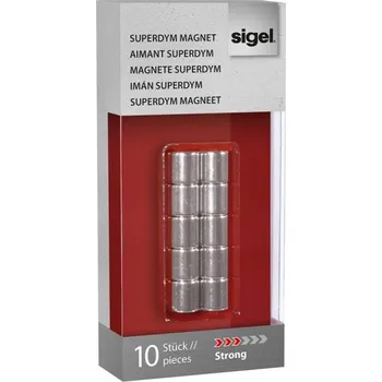 Dekorativní magnet SIGEL SuperDym C5 Strong, neodymové magnety válec Ø 10 × 10 mm, stříbrné, 10 ks