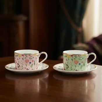 Šálky s podšálky s květy EASY LIFE 240 ml růžová a zelená 2 ks