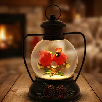 Lampička Hrací skříňka lucerna s červenými ptáky 18 cm