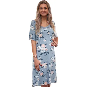 Dámská noční košile Dámská hedvábně jemná a pružná noční košilka modrošedá - květinový vzor 1D1657 modrá 5xl