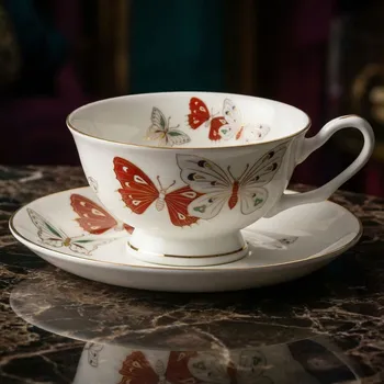 Šálek s podšálkem a talířkem BONE CHINA motýli