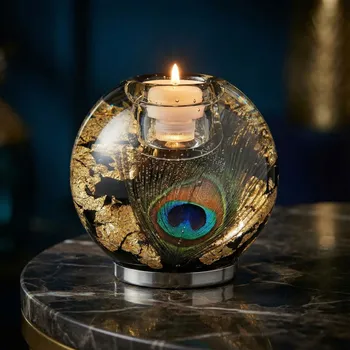 Svícen Kulovitý LED svícen s motivem pávního pera DREAMLIGHT MERCUR MAXI PAVOS 11 × 12 cm