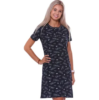 Dámské noční prádlo Tmavě modrá a šedá noční košilka pro ženy či dívky na patentky u krku hello love 1C3708 modrá xxxl