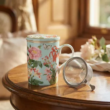 Hrnek s filtrem a víčkem EASY LIFE 350 ml modrý s růžovými květy