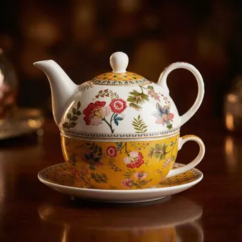 Džbánek s šálkem a podšálkem EASY LIFE 350/350 ml žlutý s květy