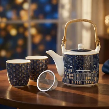 Konvice na čaj Čajník s filtrem a 2 šálky EASY LIFE 600 ml modrý s ohňostroji