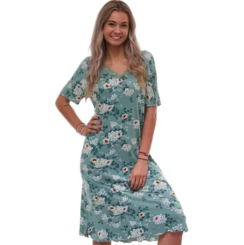 Dámské noční prádlo Luxusní dámská hedvábně jemná a pružná noční košilka zelená s květinovým vzorem 1D1650 zelená 5xl