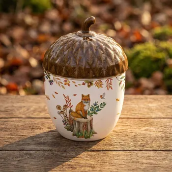 Nádobí Porcelánová dóza s víkem žalud s motivem lišky EASY LIFE 14 × 20 cm