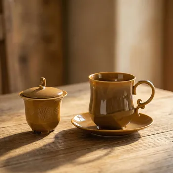 Hrnek s filtrem a podšálkem 380 ml hořčicový