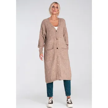 Dámský svetr Figl Dlouhý, rovný kardigan na knoflíky M1237 Barva: Hnědá, Velikost: XL