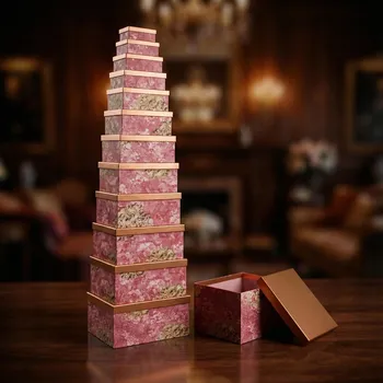 Úložný box Růžové obdélníkové krabičky se vzory s hnědým víčkem sada 12 ks