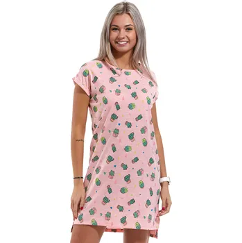 Dámská noční košile Růžová noční košilka pro ženy kočičky jako kaktusy 1C3160 růžová l