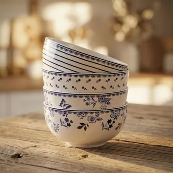 Misky 600 ml bílé s modrými vzory 4 ks