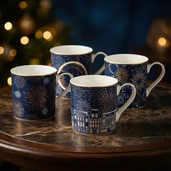 Sada hrnků se zlatou ozdobou EASY LIFE 300 ml modré 4 ks