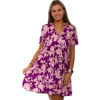 Dámské noční prádlo Fialová i růžová ležérní šatová tunika, noční košilka pro ženy s moderní květy s volány 1C3363 fialová s