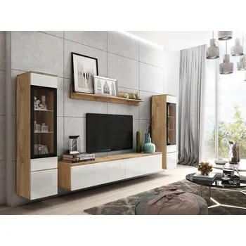 Obývací stěna Nábytková Stěna RTV 180 cm do obývacího pokoje, 2 vitríny a police, wotan / bílý lesk