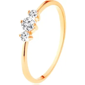 Prsten Prsten ve žlutém 14K zlatě se zúženými rameny, tři blýskavé čiré zirkony - Velikost: 59