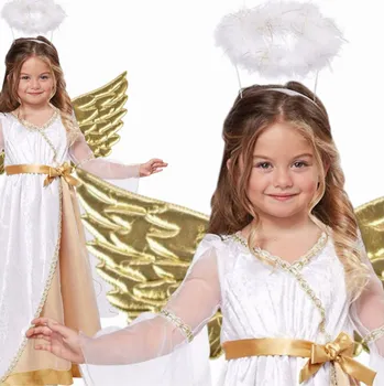 Karnevalový kostým KOSTÝM ANDĚL ZLATÝ PŘEVLEK KŘÍDLA SVATOZÁŘ JASELKA - 130-140