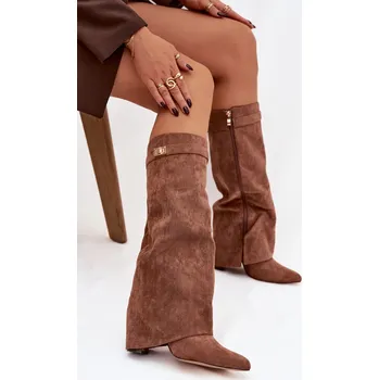 Dámské kozačky Boto Kozačky Eko semišové podpatek sloupek na zip vyhřívané vytočená lýtka Evyra Barva: Béžová, Velikost: 38